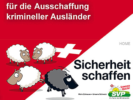 Tres ovejas blancas expulsan a una oveja negra del territorio suizo