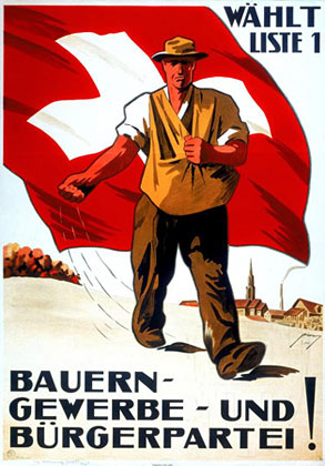 Un campesino avanza sembrando, detras de él una gran bandera suiza