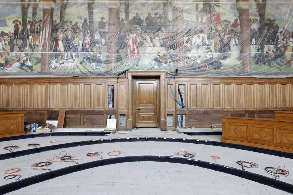 Empty senate chamber during renovation work
