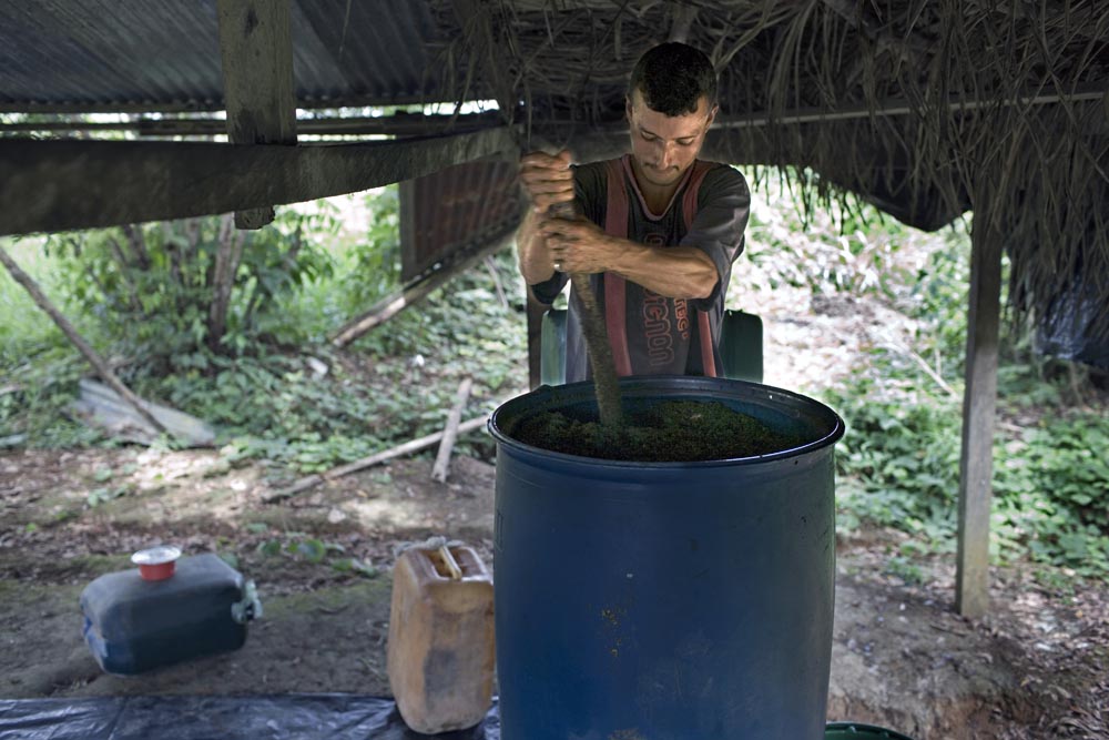 Inside "La Cocina", the kitchen where coca leaves are processed into coca base.
