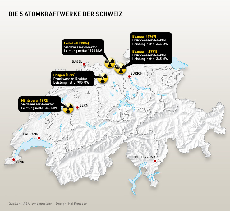 Grafik mit den Standorten der fünf AKW in der Schweiz