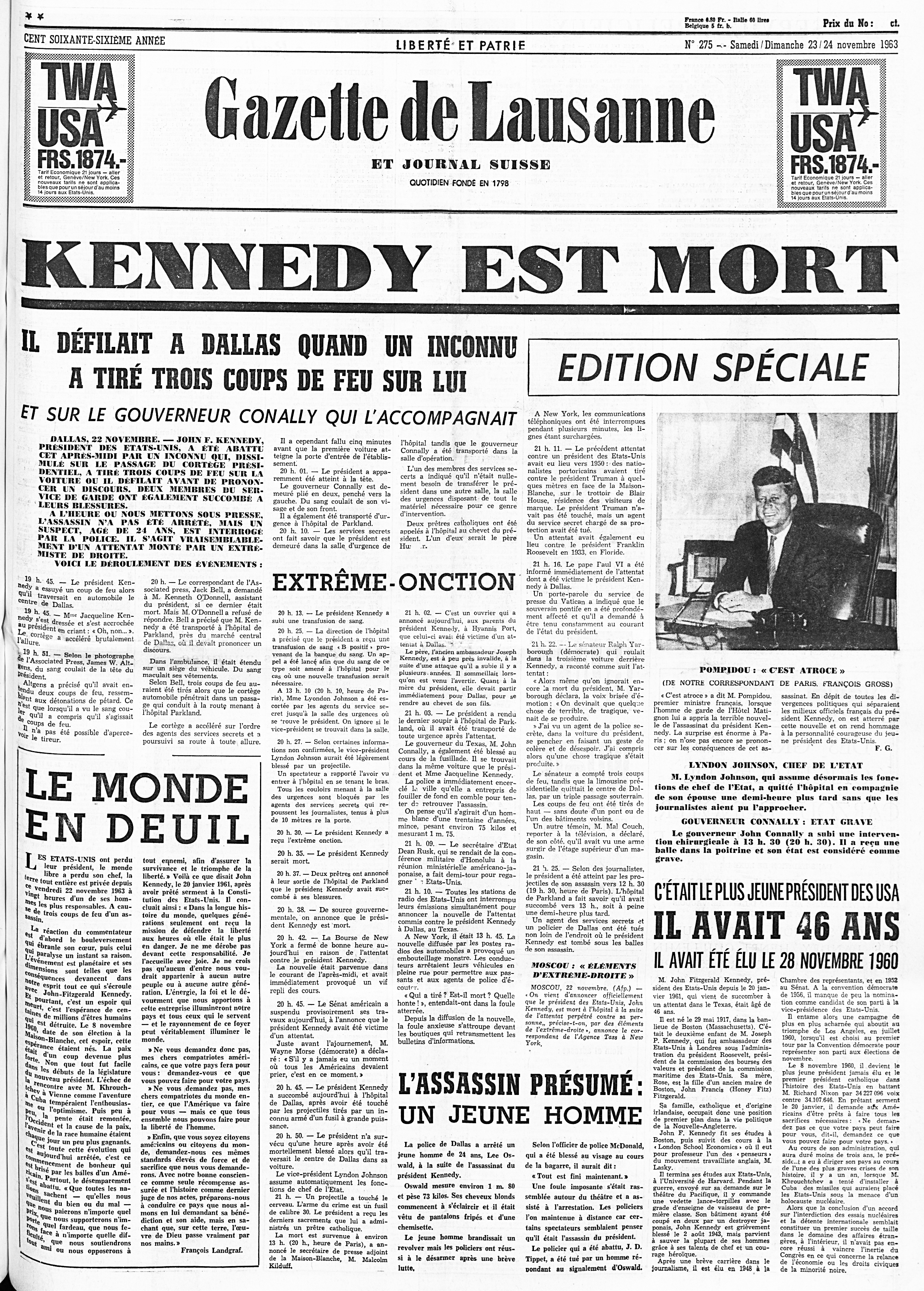 Muerte de JFK en prensa suiza