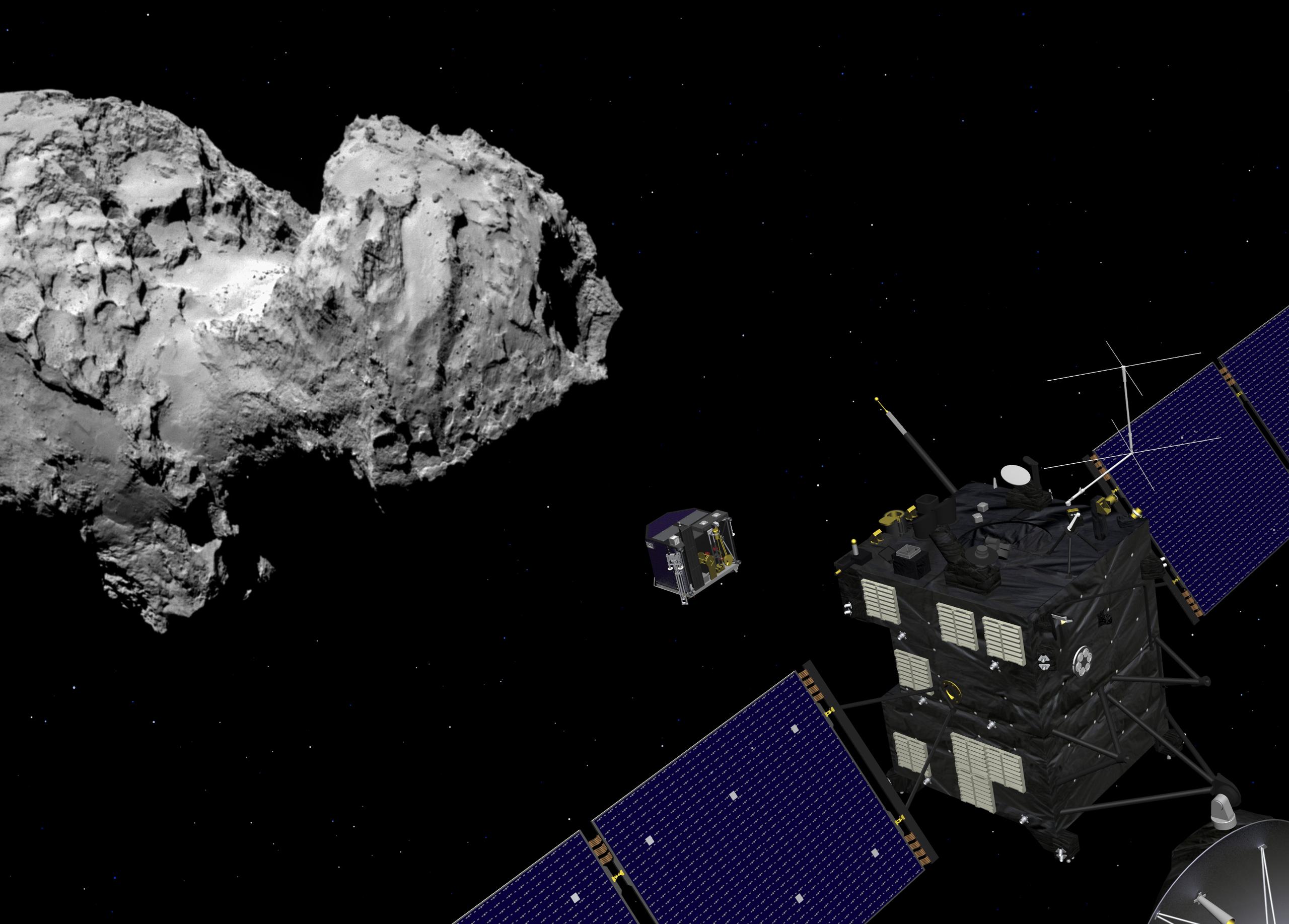 La sonda Rosetta, con i suoi pannelli solari, sgancerà il robot Philae, che impiegherà sette ore per raggiungere la superficie della cometa.