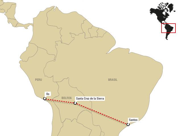 mapa da América do Sul com o corredor ferroviário