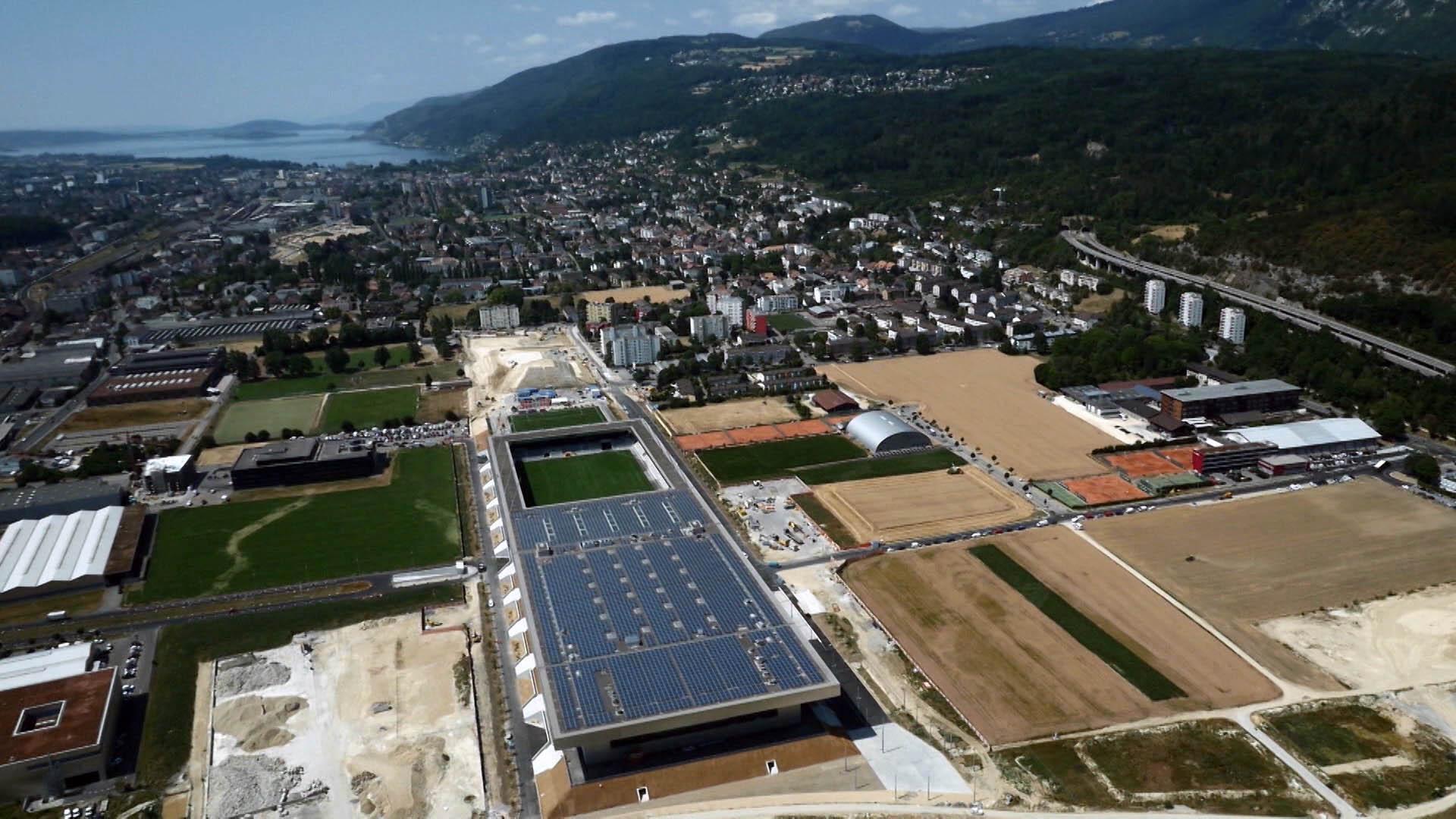 Solar power plant on the roof of the stadium in Biel