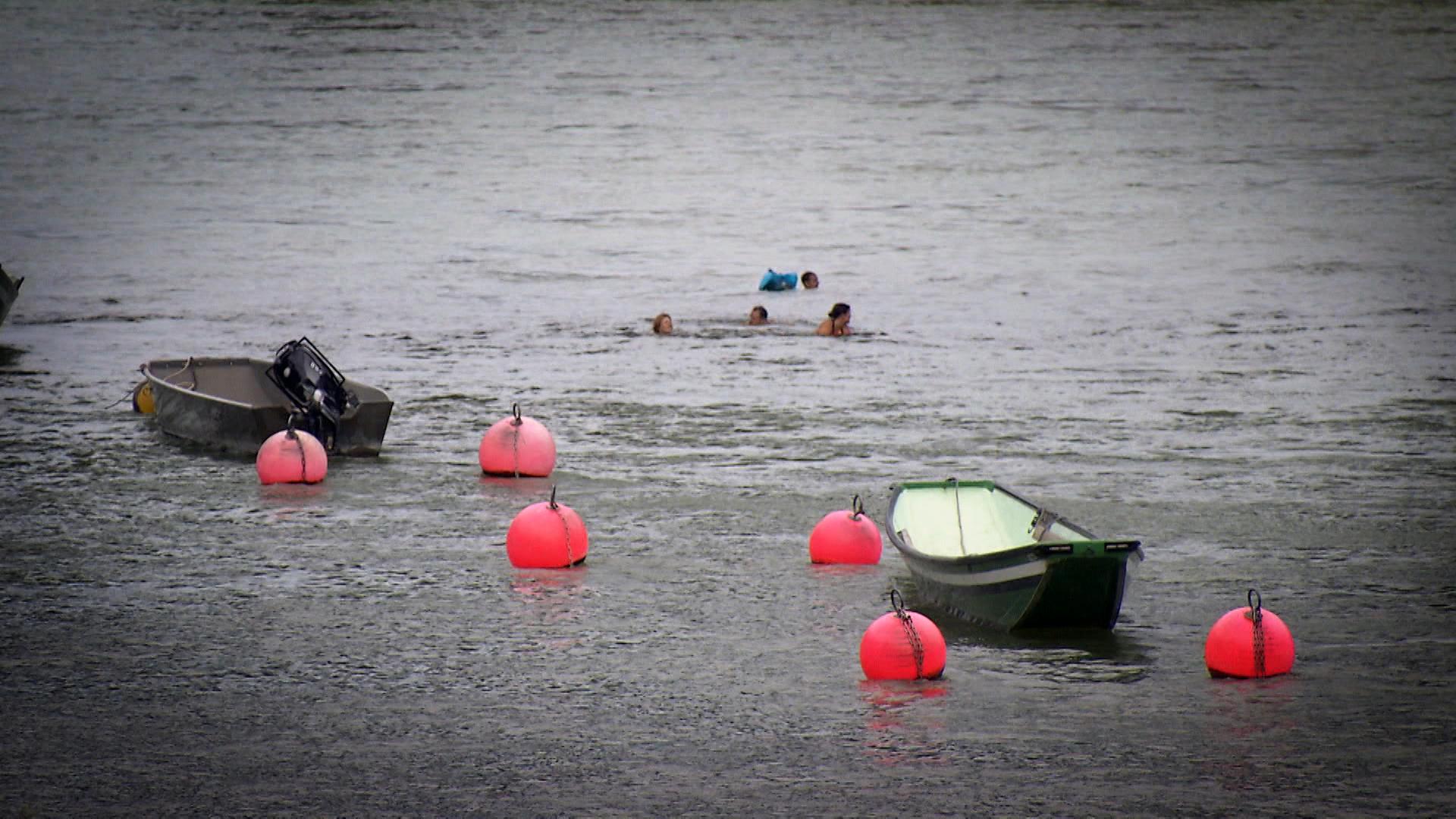 Buoys, fishing boats and swimmer in the Rhine