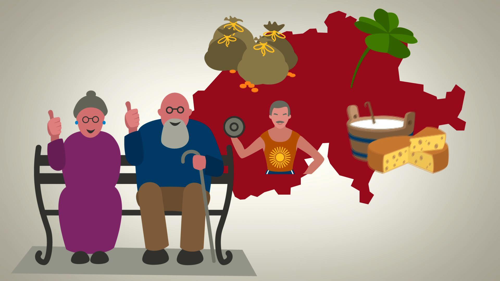 Stylized drawing of an old couple and the swiss map with cheese, milk, money, shamrock and a man doing workout