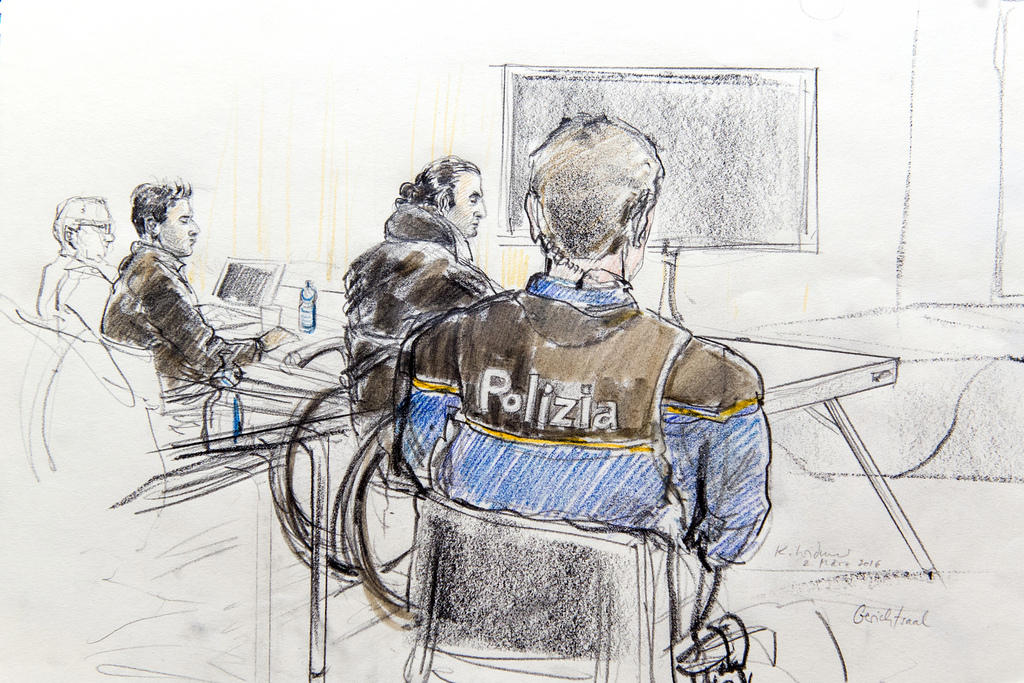 An artists sketch of accused, police and lawyers in a court room