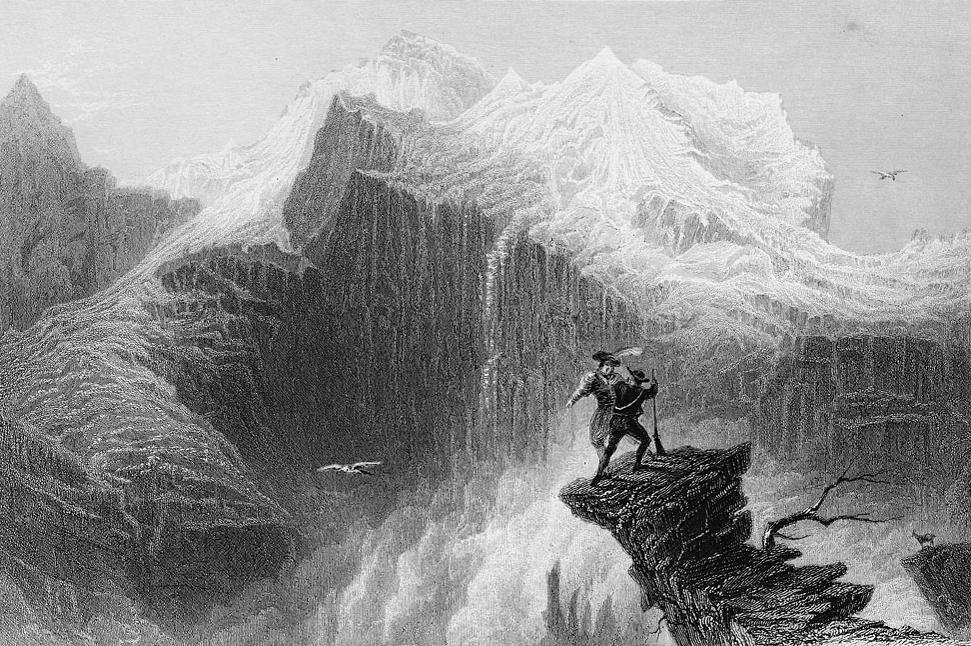 The summit of the Jungfrau (scene from Manfred), from the book La Suisse pittoresque: ornée de vues dessinées spécialement pour cet ouvrage (1836) by W Taylor and William Henry Bartlett (copyright: VIATICALPES-VIATIMAGES; Bibliothèque cantonale et universitaire de Lausanne)