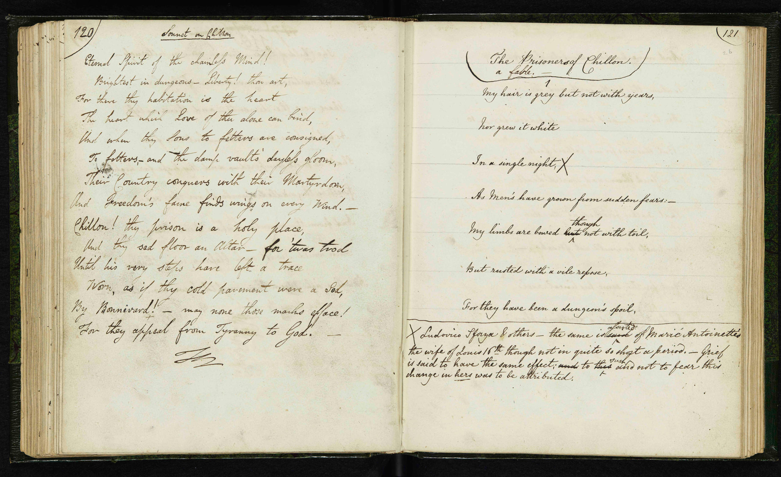 The Sonnet on Chillon and extract of The Prisoner of Chillon poem, copied out by Claire Clairmont and annotated by Byron (copyright: The National Library of Scotland)