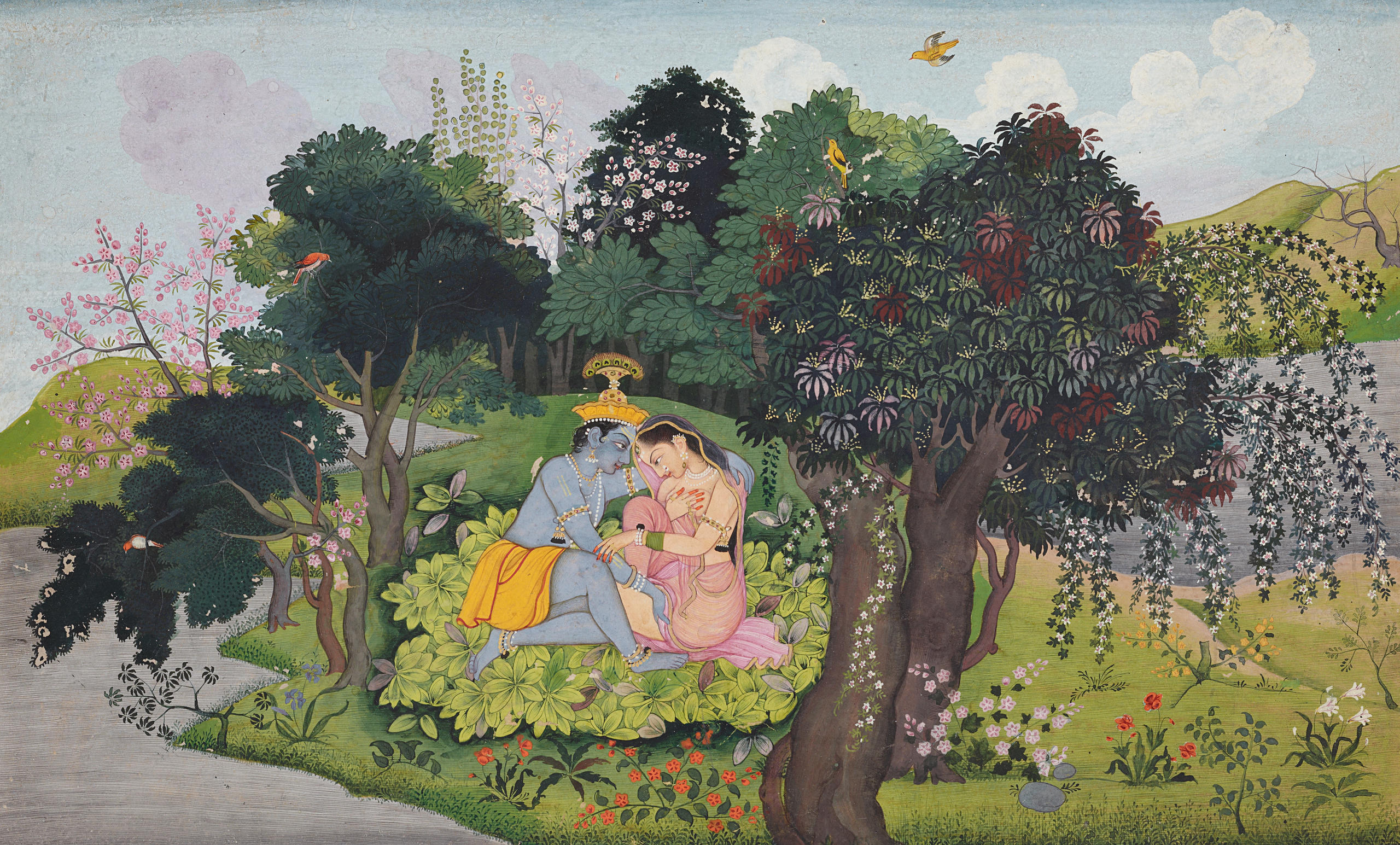 Gott Krishna mit einem Mädchen in einem Garten