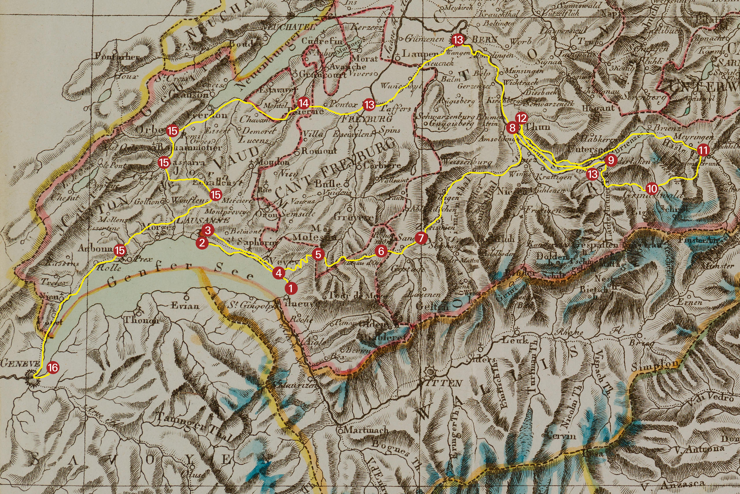 A map showing route 33 from 'The Traveller's Guide through Switzerland (1810-11) 'guidebook by J. G. Ebel used by Byron