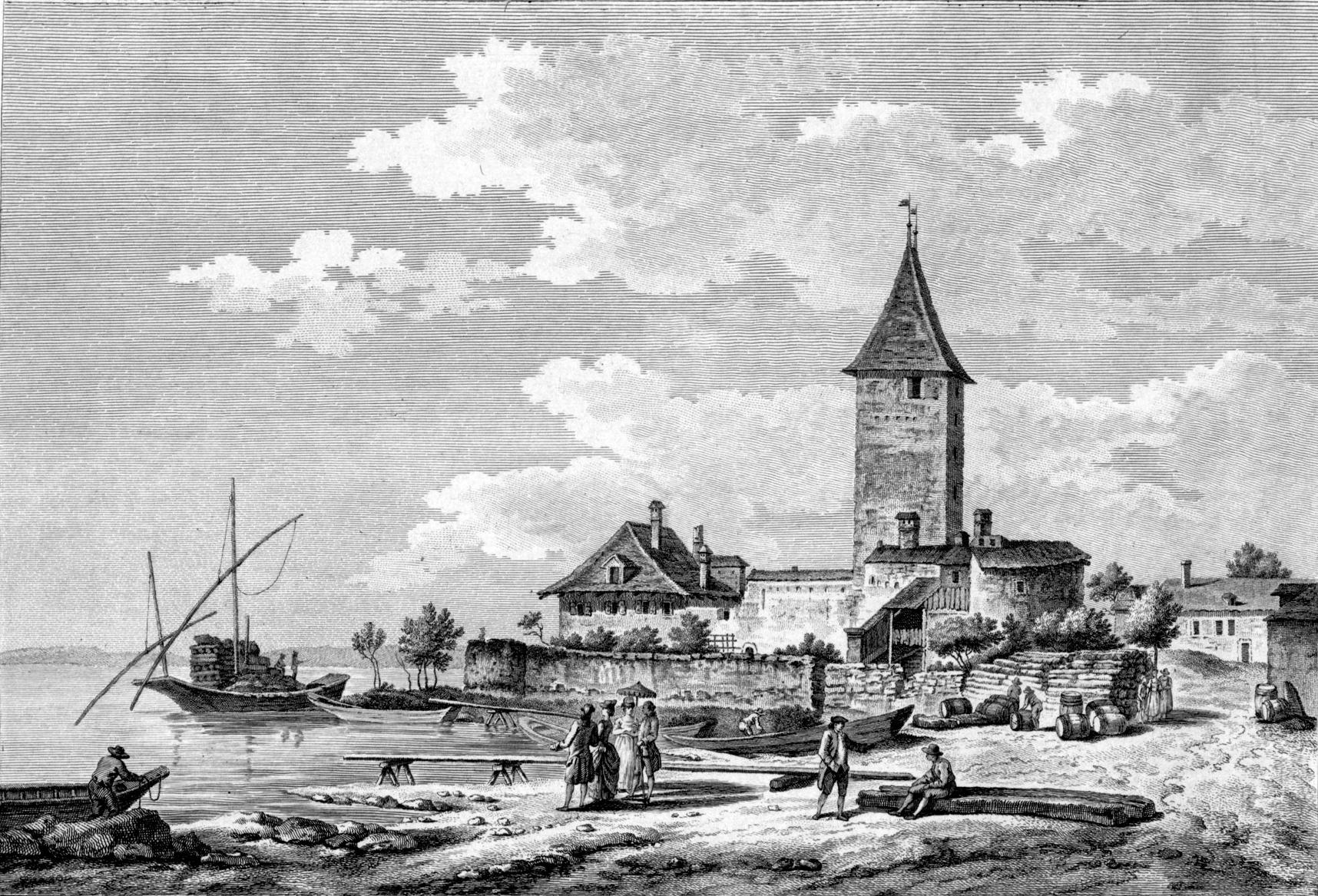 View of Ouchy port from the book Tableaux topographiques, pittoresques, physiques, historiques, moraux, politiques, littéraires de la Suisse (1780-1788) by Louis Joseph Masquelier and Nicolas Pérignon (copyright: VIATICALPES-VIATIMAGES; Bibliothèque cantonale et universitaire de Lausanne)