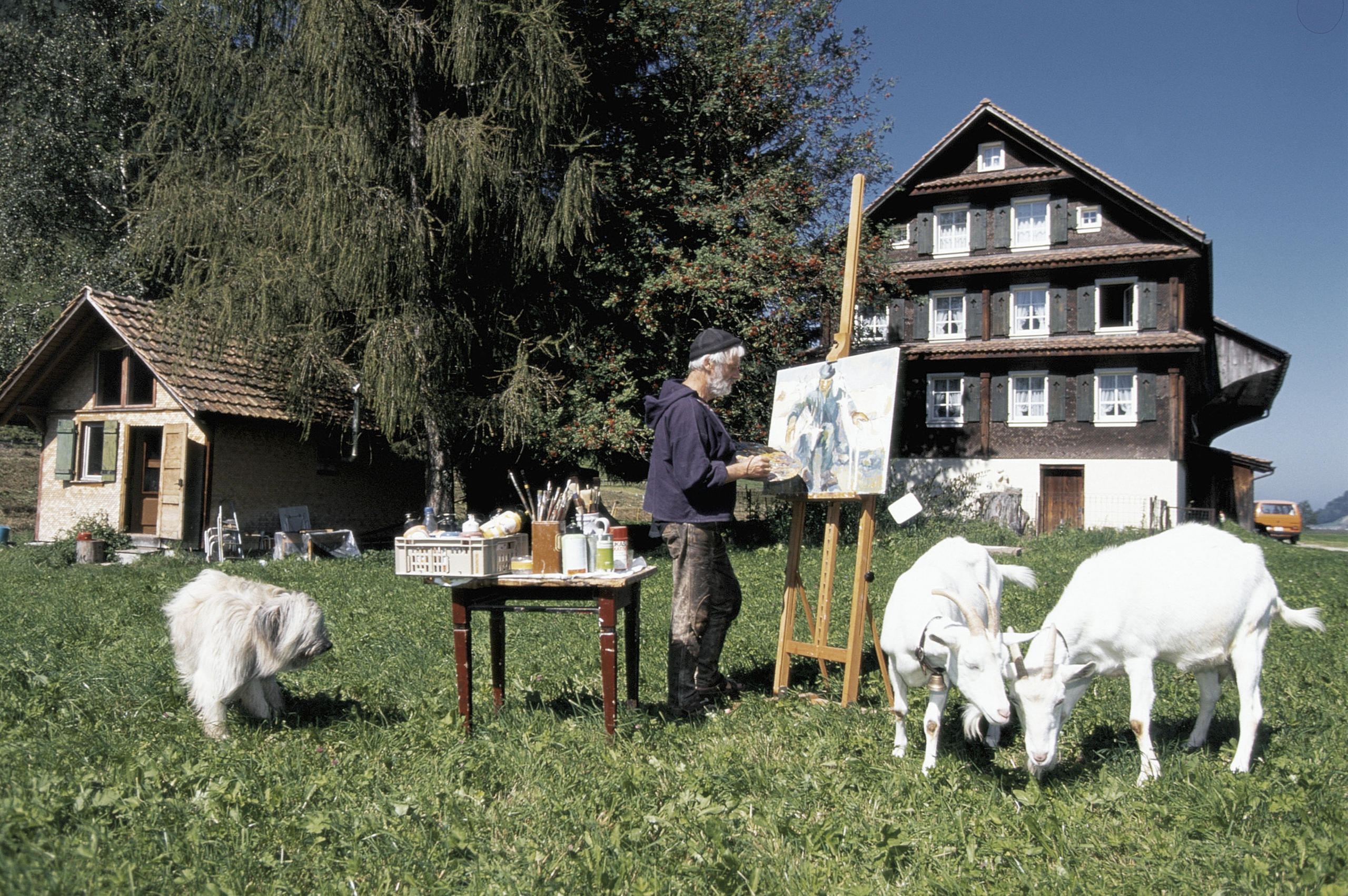 Sieber am Malen mit Hund und Geissen