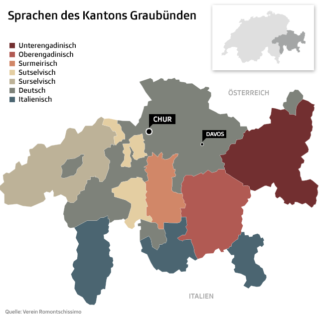 Grafik des Kantons Graubünden, die zeigt, wo welche Sprache und welches rätoromanische Idiom gesprochen wird