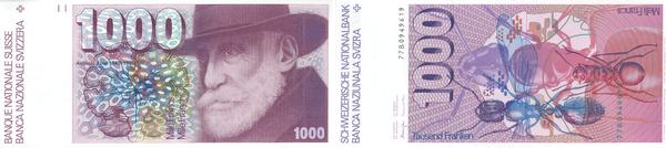 Recto e verso di una banconota da 1000 franchi della sesta serie (1976)