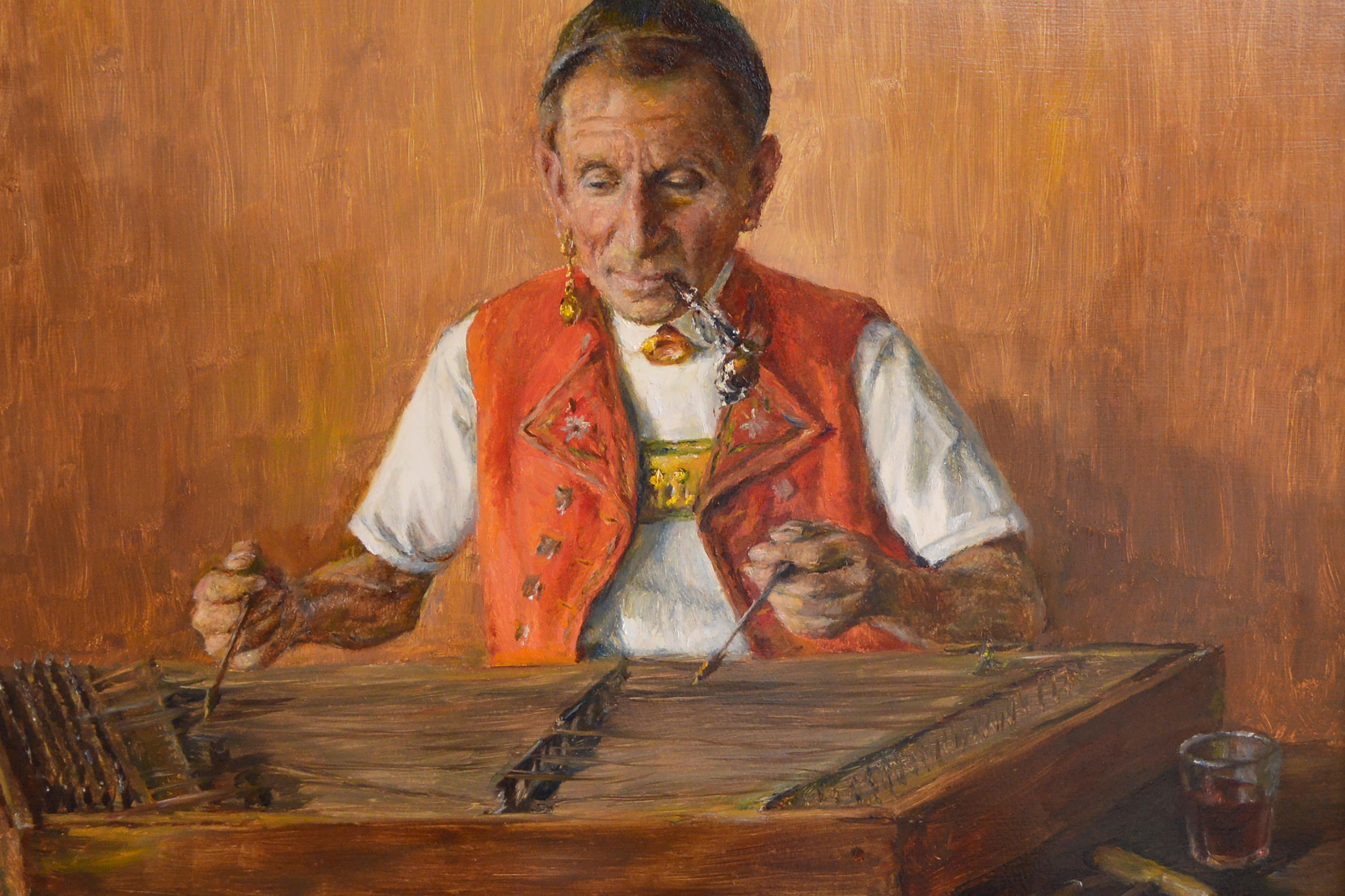 Painting of an Appenzel man playing a string instrument