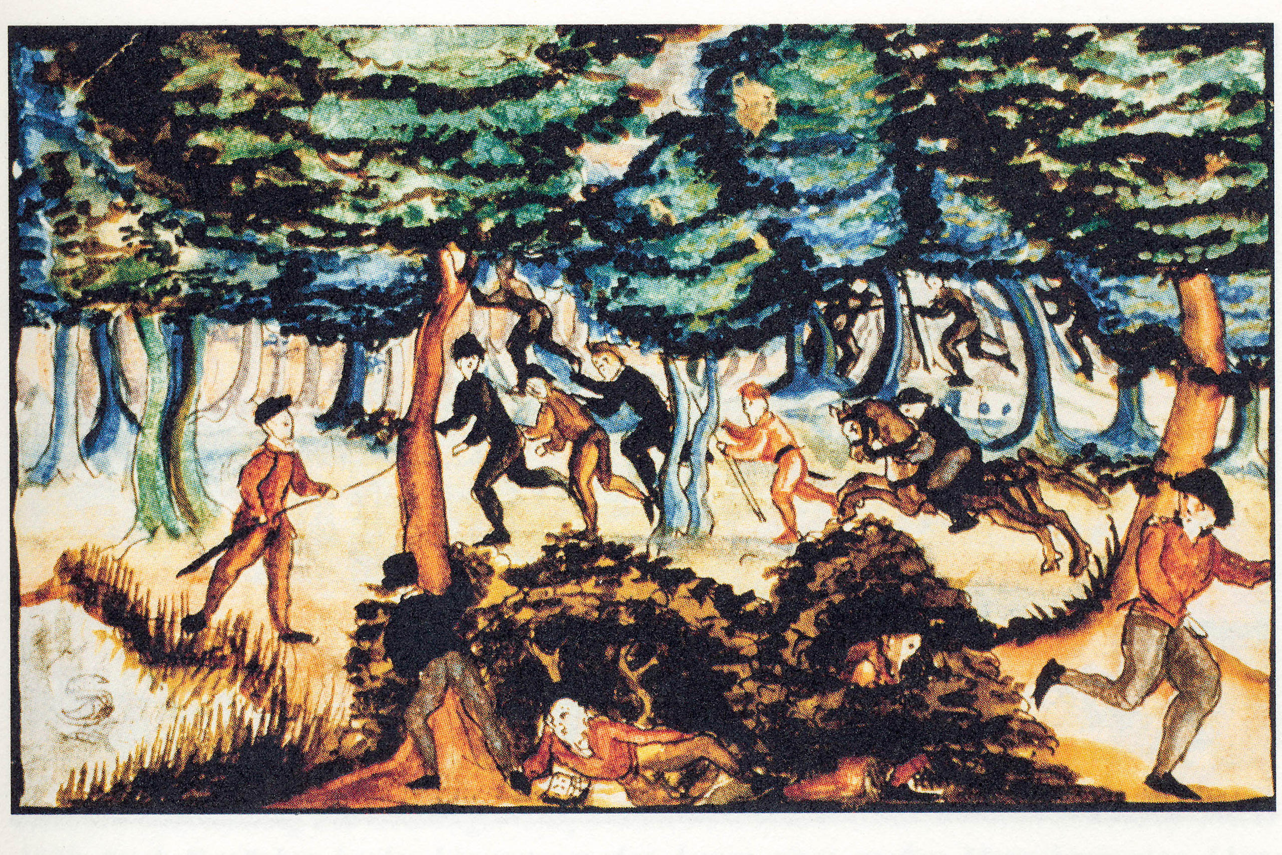 Illustration from 1605 about people chasing Anabaptists in a forest outside Zurich