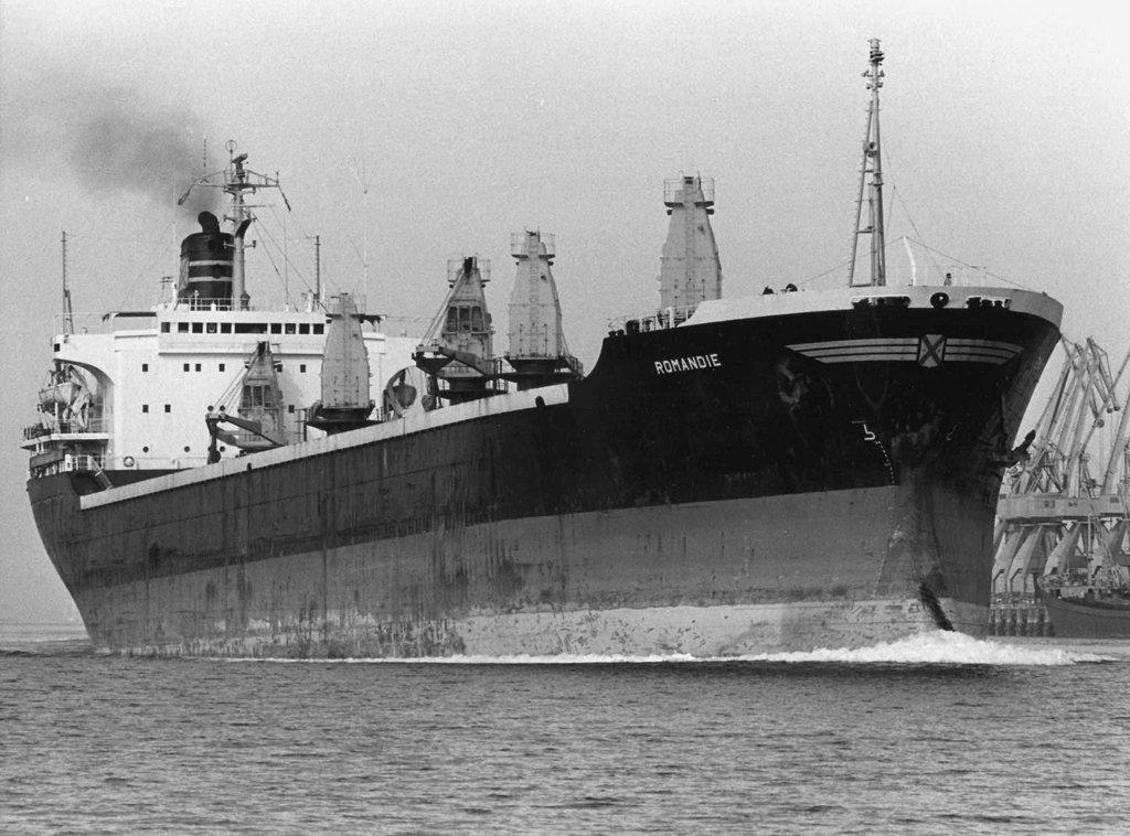 The Swiss freighter ship Romandie on the high seas (pictured in 1992 at Huelva, Spain)