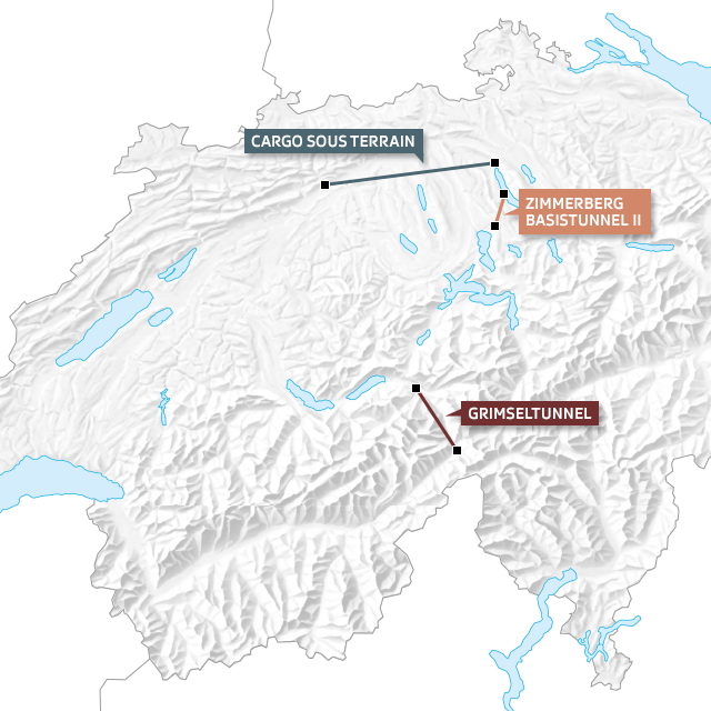 Cartina della Svizzera con i diversi progetti di tunnel