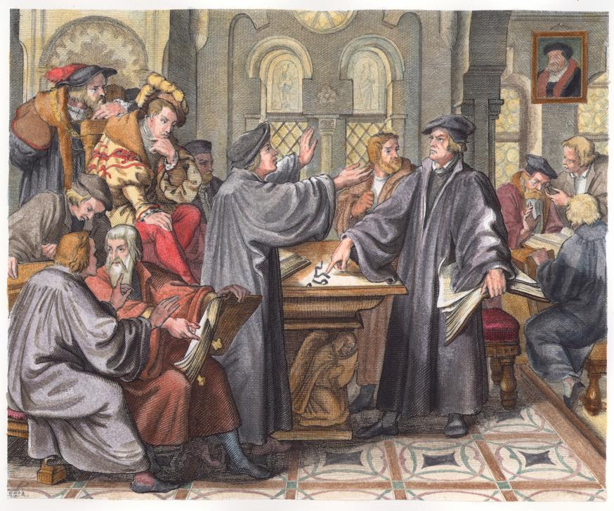 El encuentro de 1529 entre Lutero y Zwingli. Grabado de Gustav König de 1847.