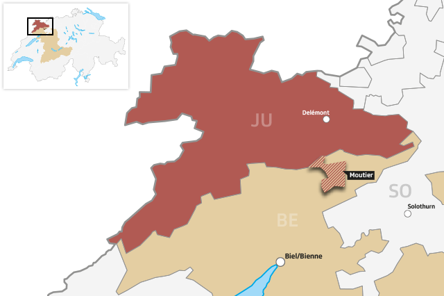 Mappa che mostra la posizione di Moutier al confine tra il canton Berna e il Giura.