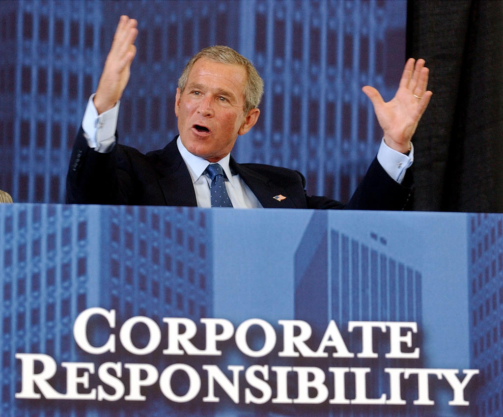US President Georges Bush speaks at a conference on corporate responsibility in 2002
