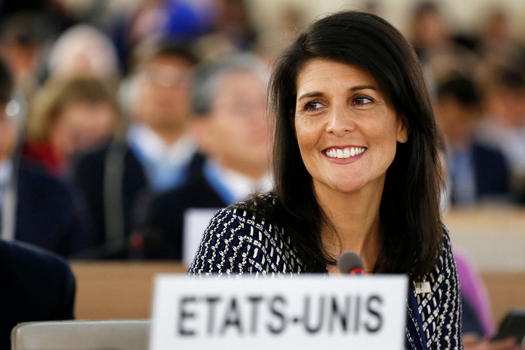 United States permanent Representative to the United Nations Ambassador Nikki Haley smiles before delivering a speech in Geneva.