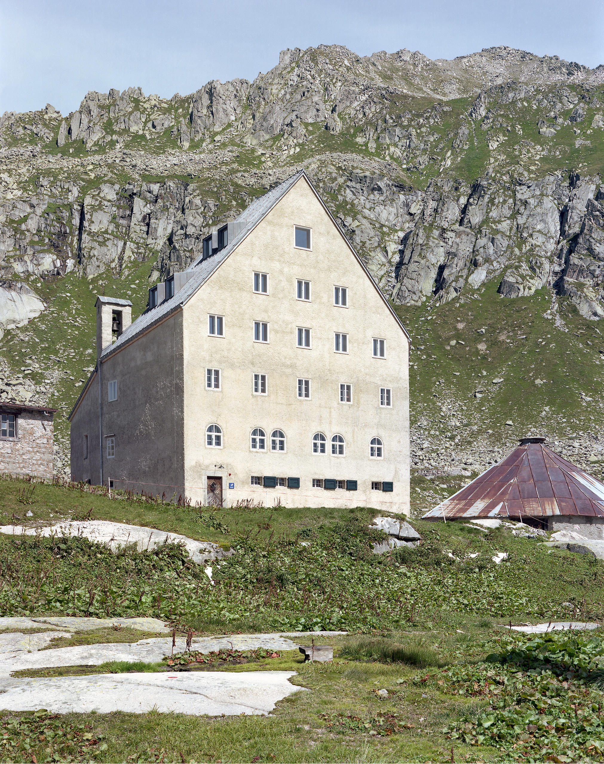 The jutting, austere grandeur of the San Gottardo Guesthouse on Gotthard Pass