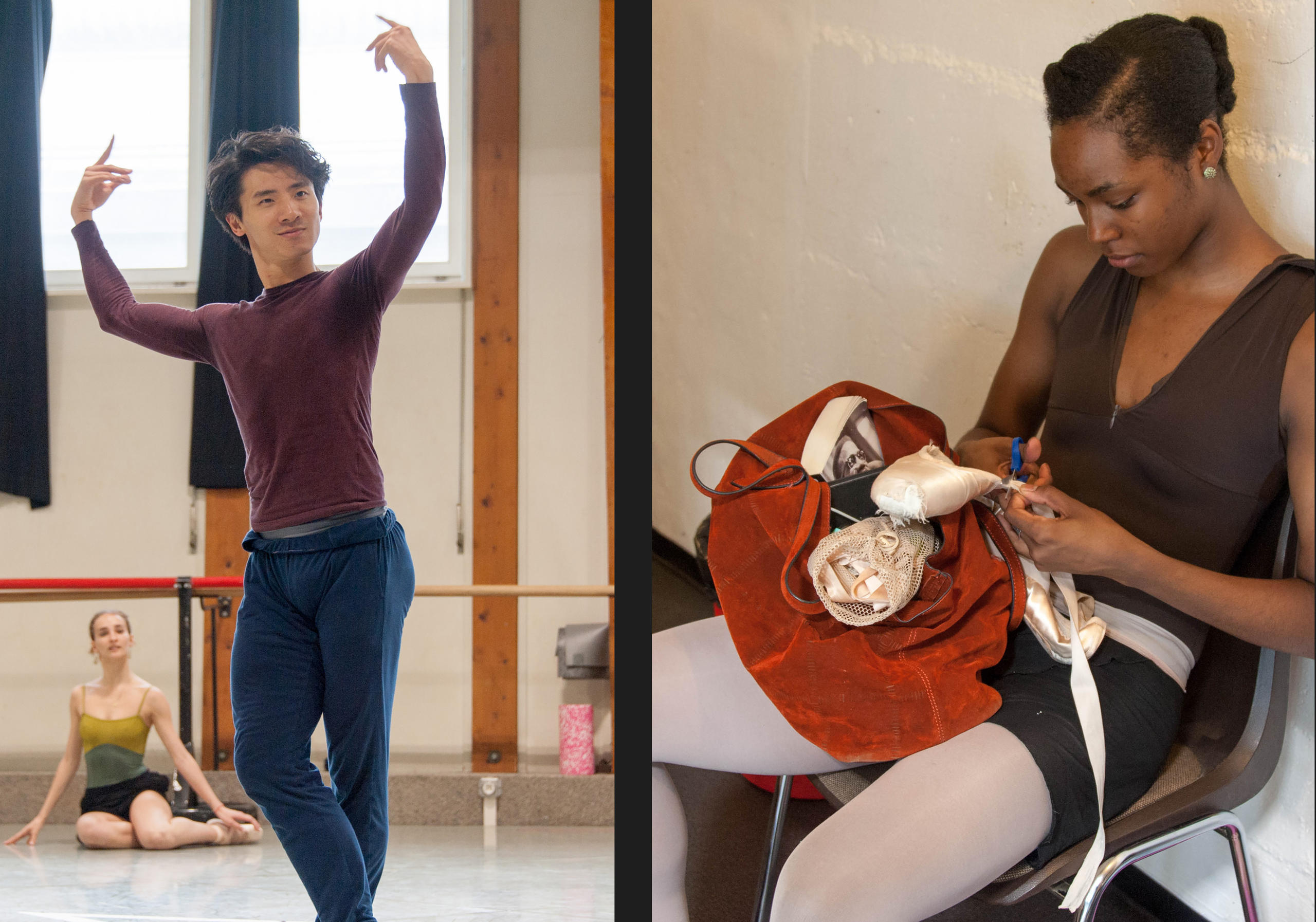 left: male dancer piroetting, left: a dancer sitting, tending to her ballet shoes