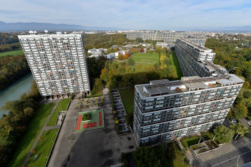 Two blocks of flats stand in the foreground, one an L-shape, surrounded by green parkspace and flats in background