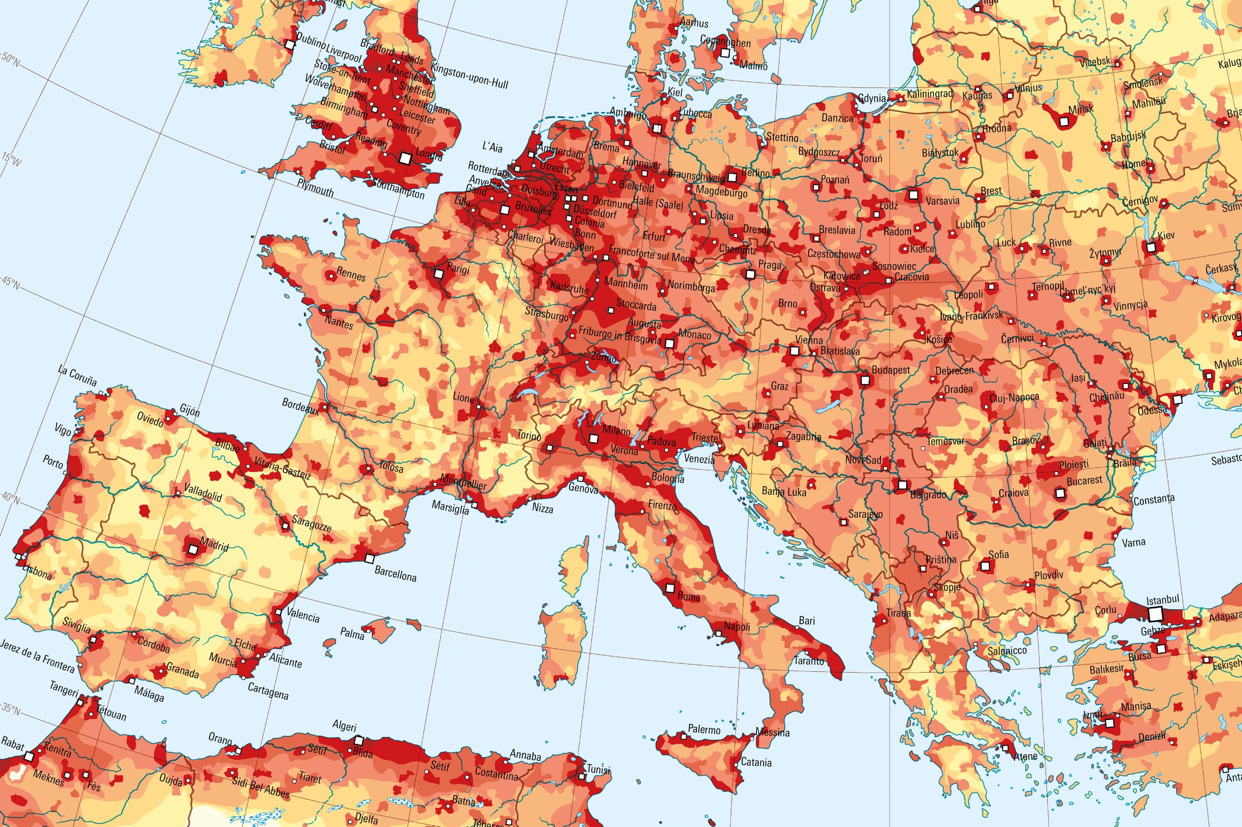 La densità delle popolazione in Europa in una carta del nuovo Atlante mondiale svizzero