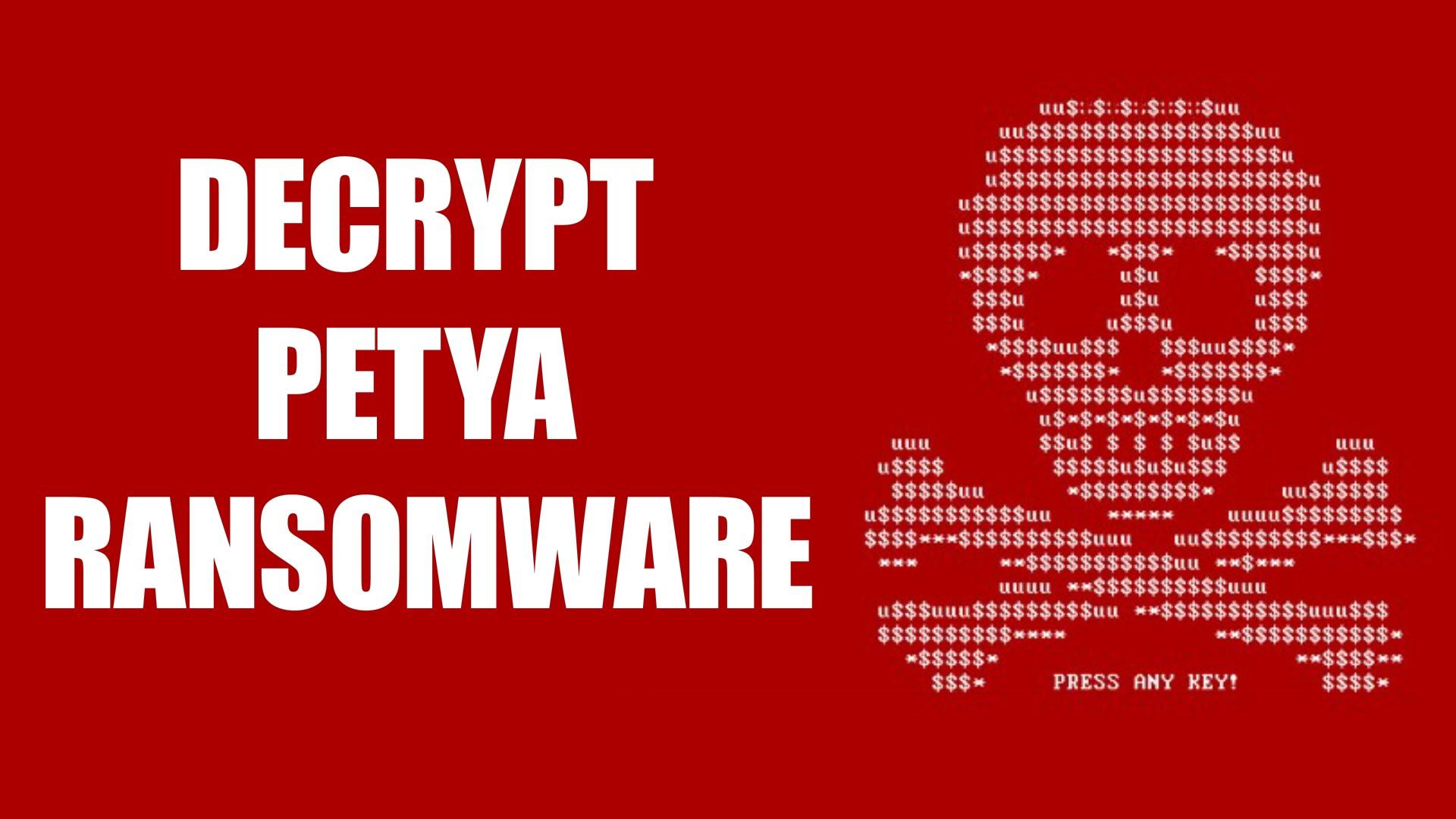 A red computer screen with skull & crossbones symbol and words Decrypt Petya Software
