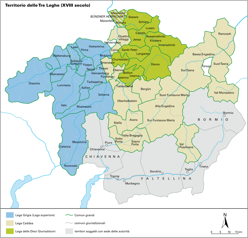 Una cartina mostra il territorio delle Tre Leghe nel XVIII secolo, con i territori soggetti di Chiavenna, Sondrio e Bormio.