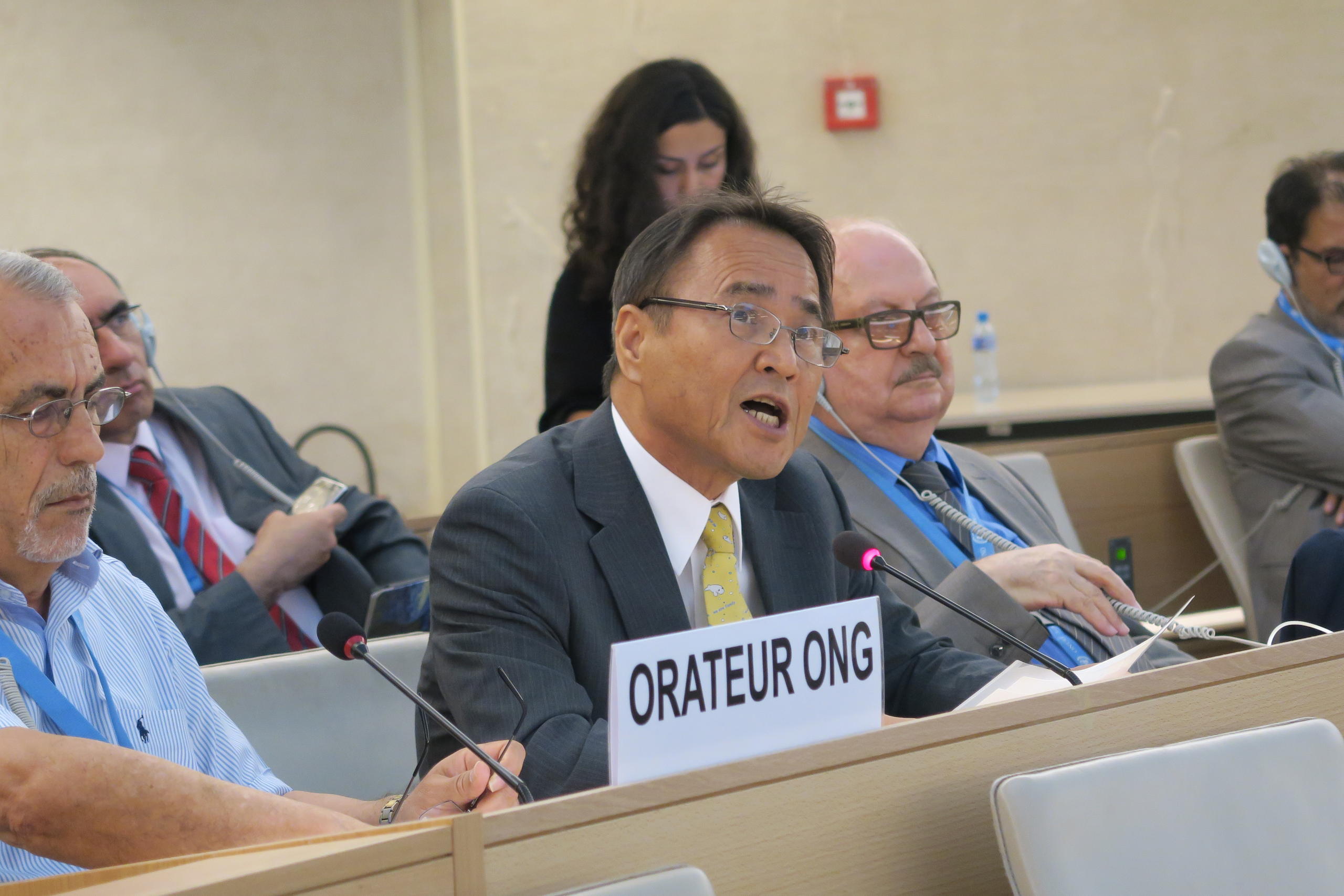 スイス・ジュネーブの国連人権理事会で、沖縄における表現の自由を求める山城博治氏。