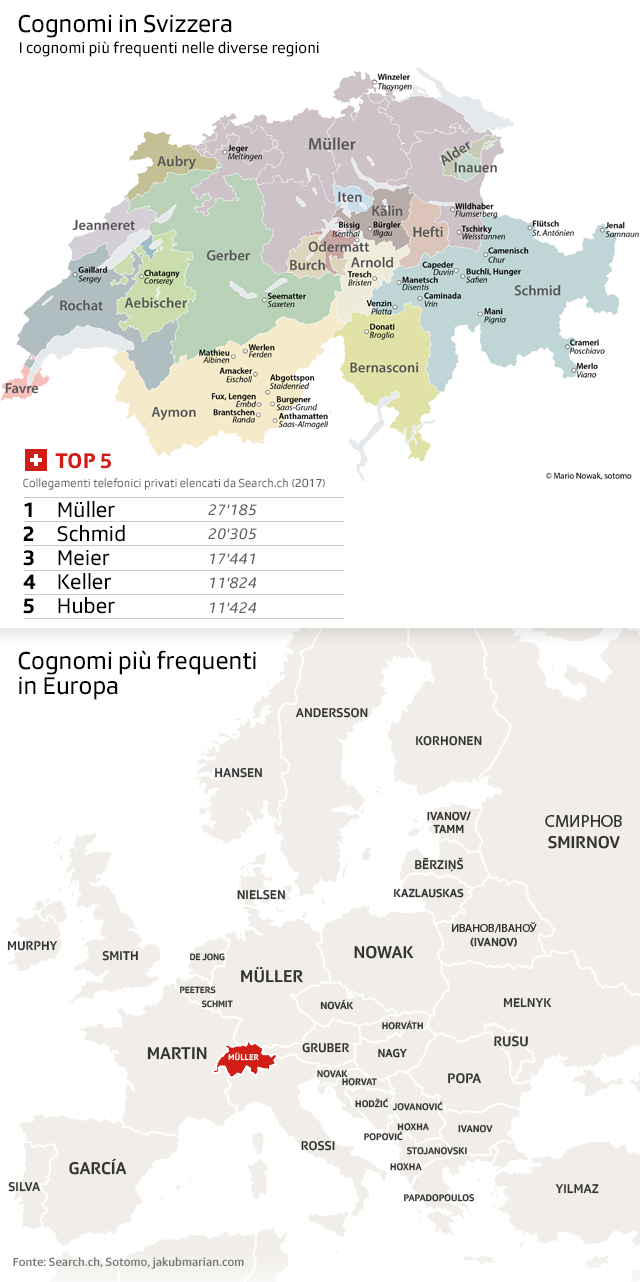 mappa della Svizzera con i cognomi più diffusi