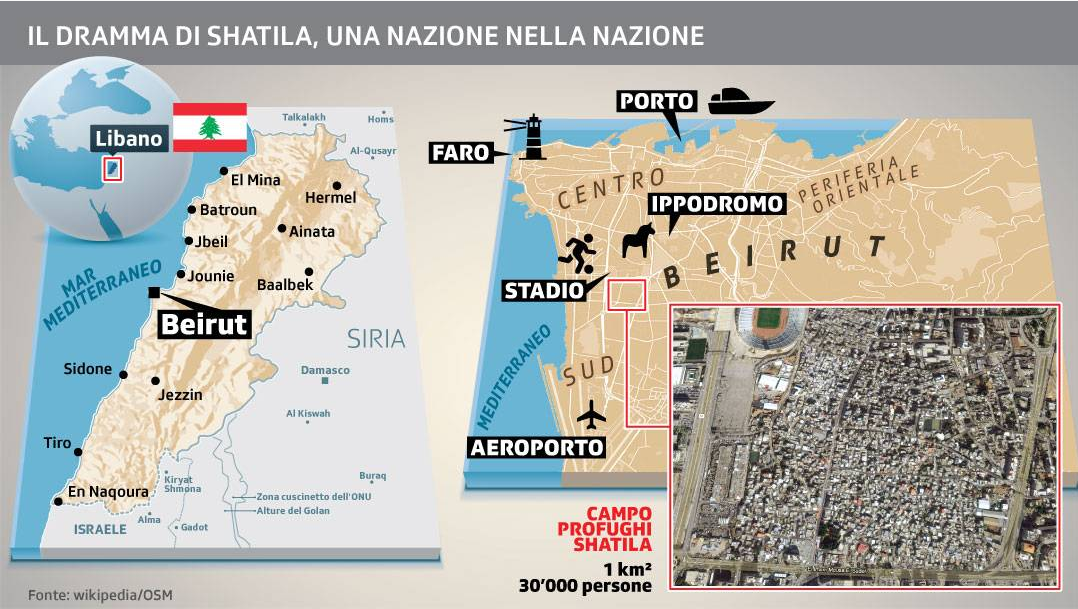 La collocazione geografica del camp di Shatila illustrata da una cartina.