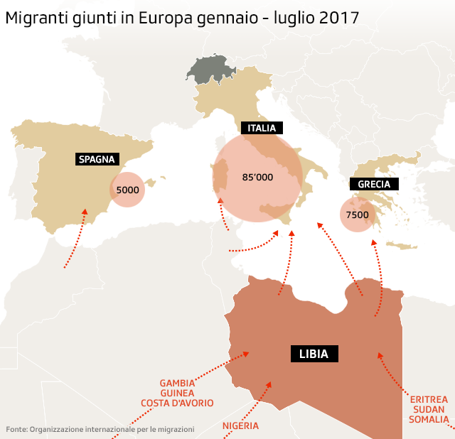 Mappa europea con il numero di sbarchi di migranti dal Nordafrica.