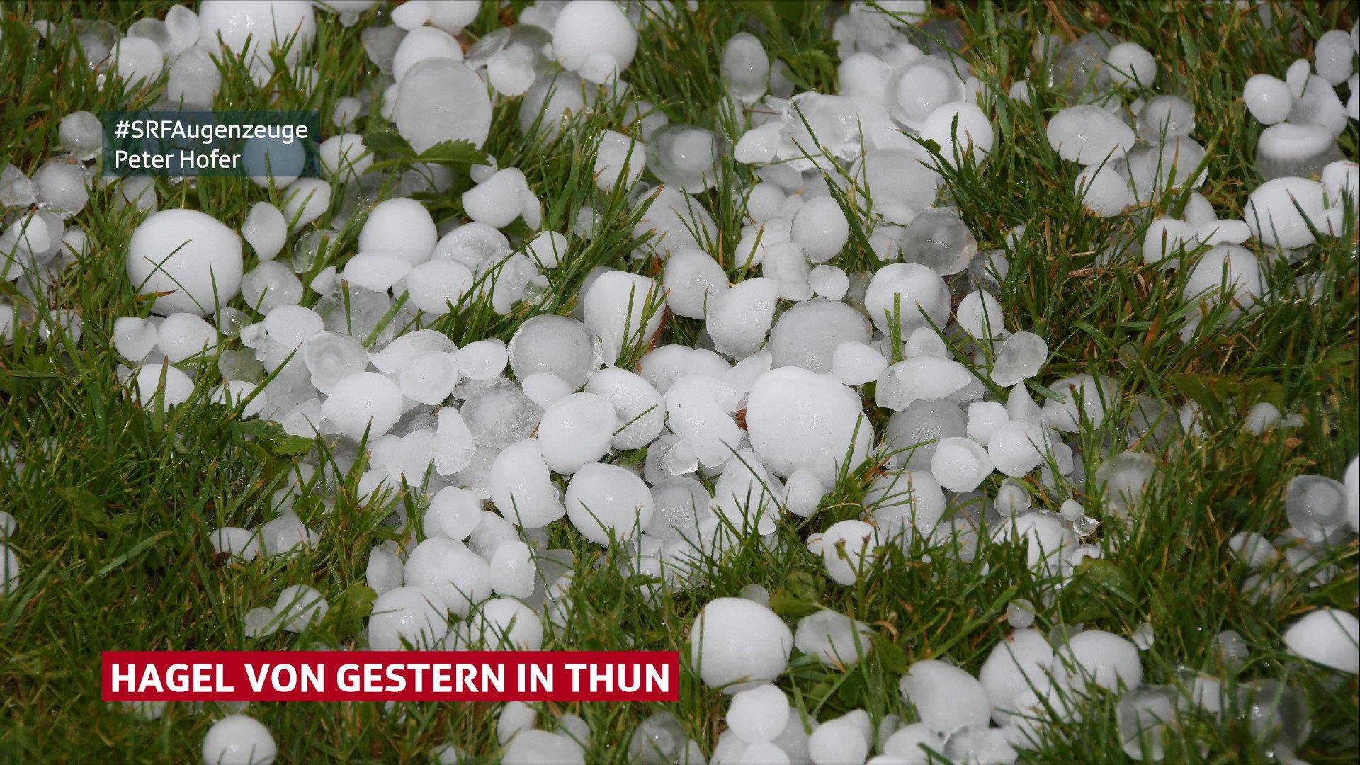 large hailstones lying on grass in Thun