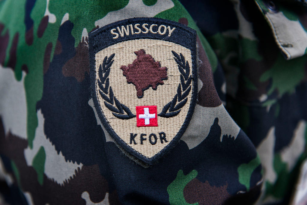 The badge of a Swiss army officer on the Swisscoy KFOR mission in Kosovo