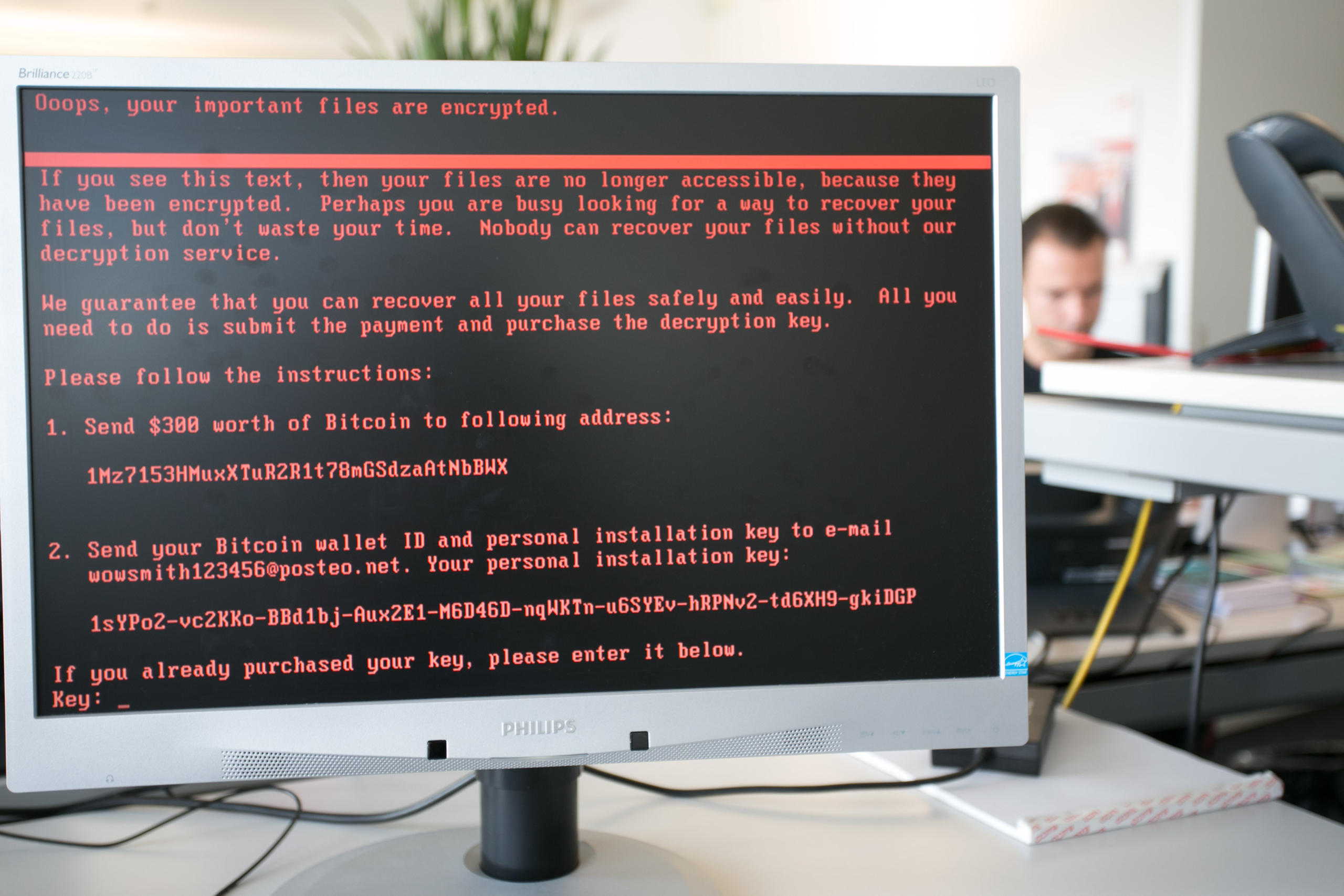 A computer screen at the Swiss advertising company Admeira shows the result of a cyber-attack that struck on Tuesday