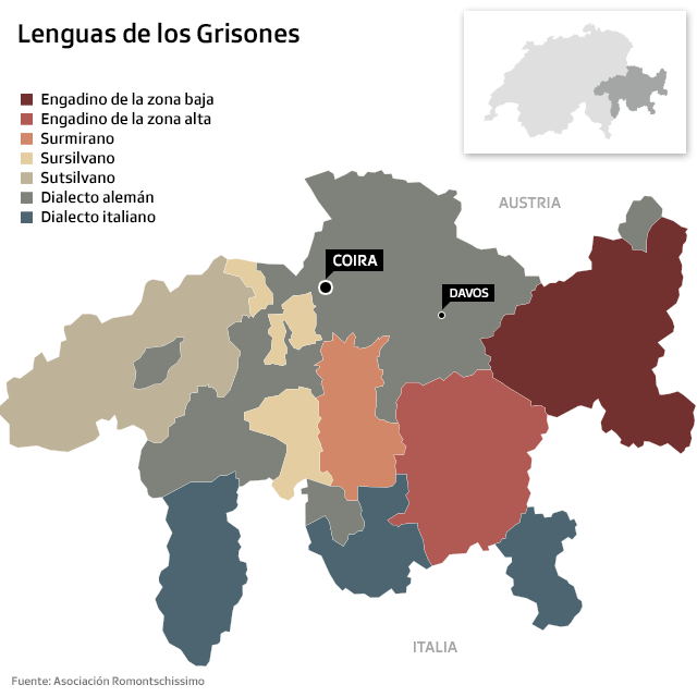 Grafik des Kantons Graubünden, die zeigt, wo welche Sprache und welches rätoromanische Idiom gesprochen wird