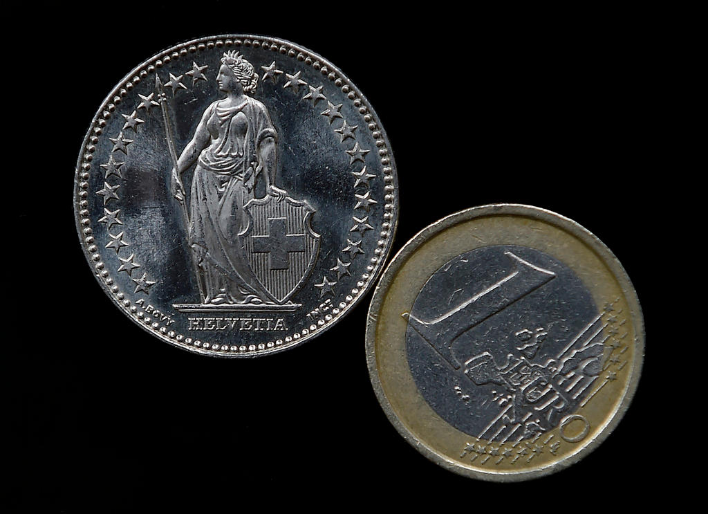 Swiss 2 franc coin and 1 euro coin