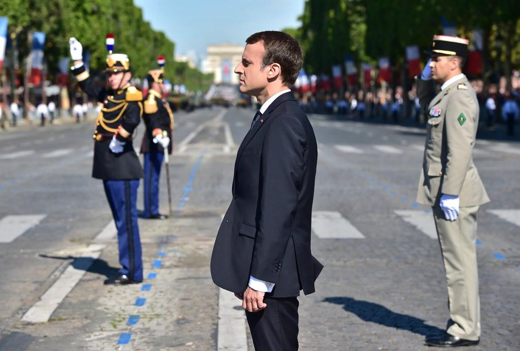 French President Emmanuel Macron on Champs Elysées during National Day parade