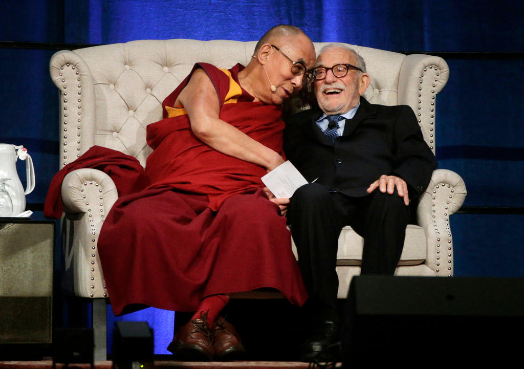 Dalai Lama (left) laughing with oceanographer Walter Munk