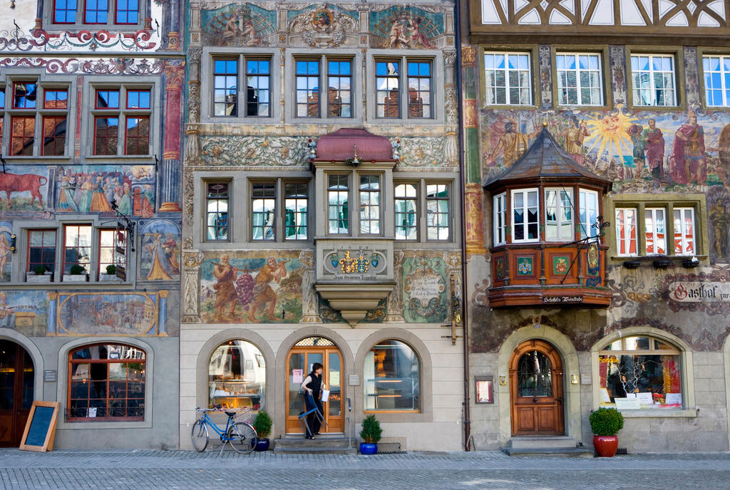 Shop fronts in Stein am Rhein feature sport signs displaying their wares