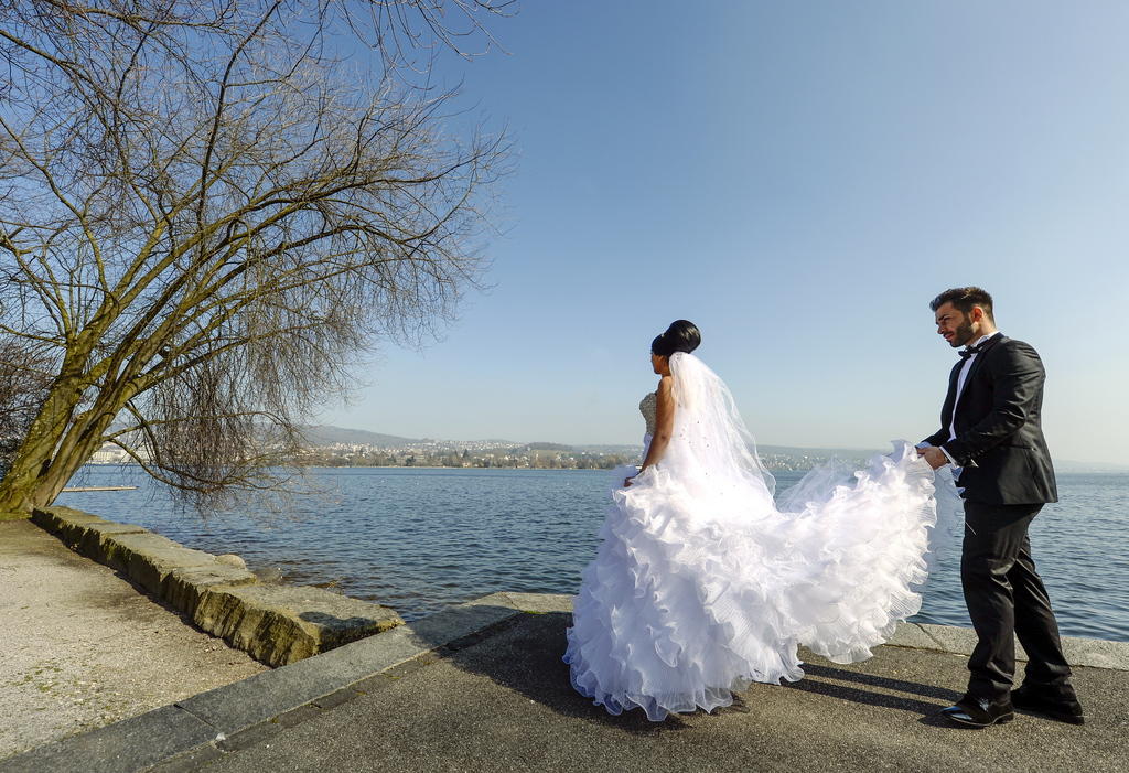 A bride and groom at Lake Zurich on Saturday March 8, 2014.