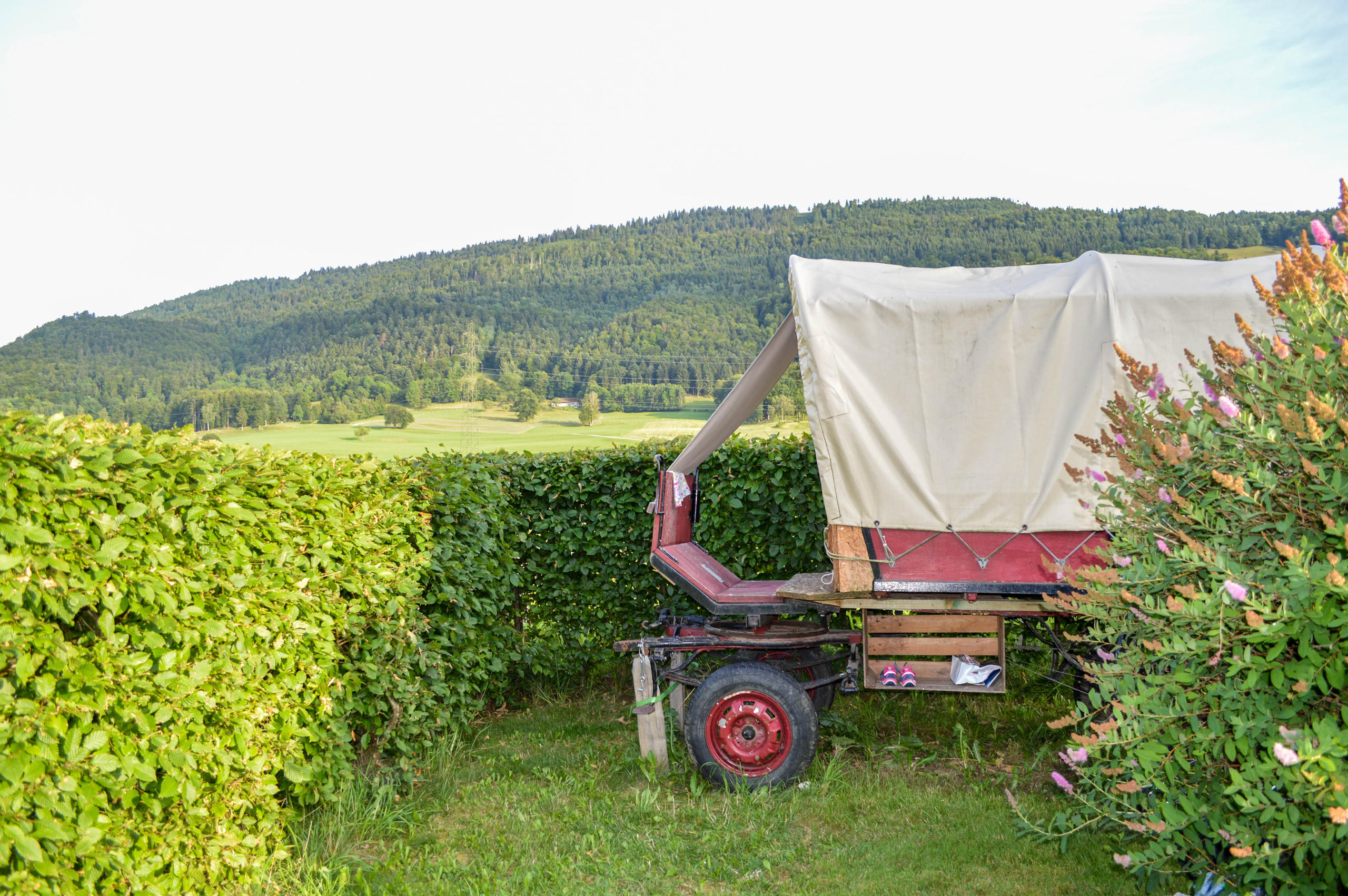 Ein kleiner Planwagen steht vor einer Hecke.