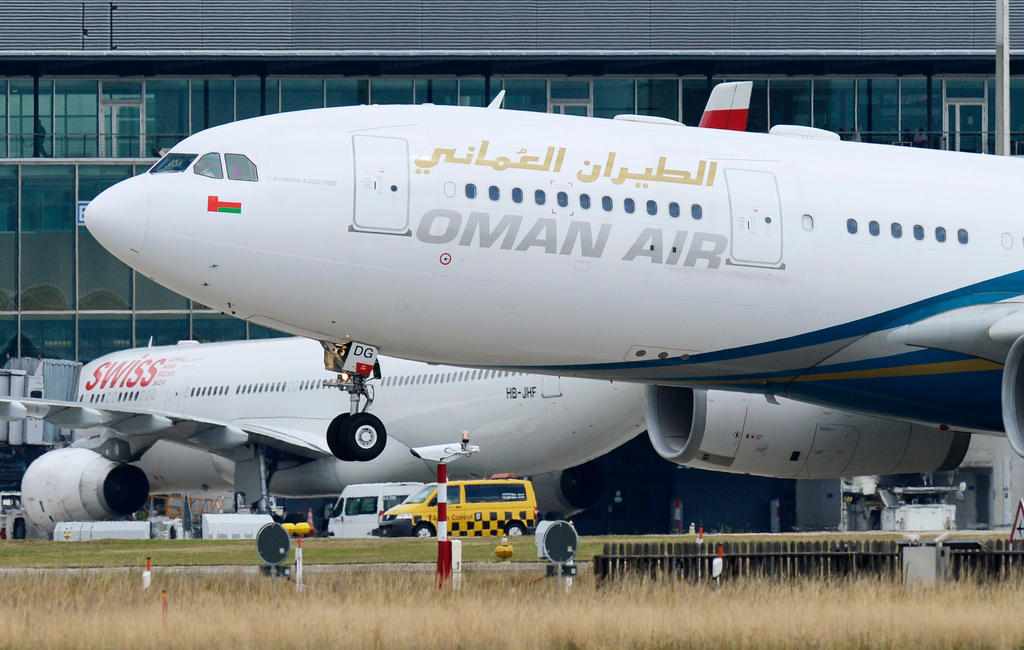 An Oman Air airplane pictured at the Zurich airport in Kloten in 2014