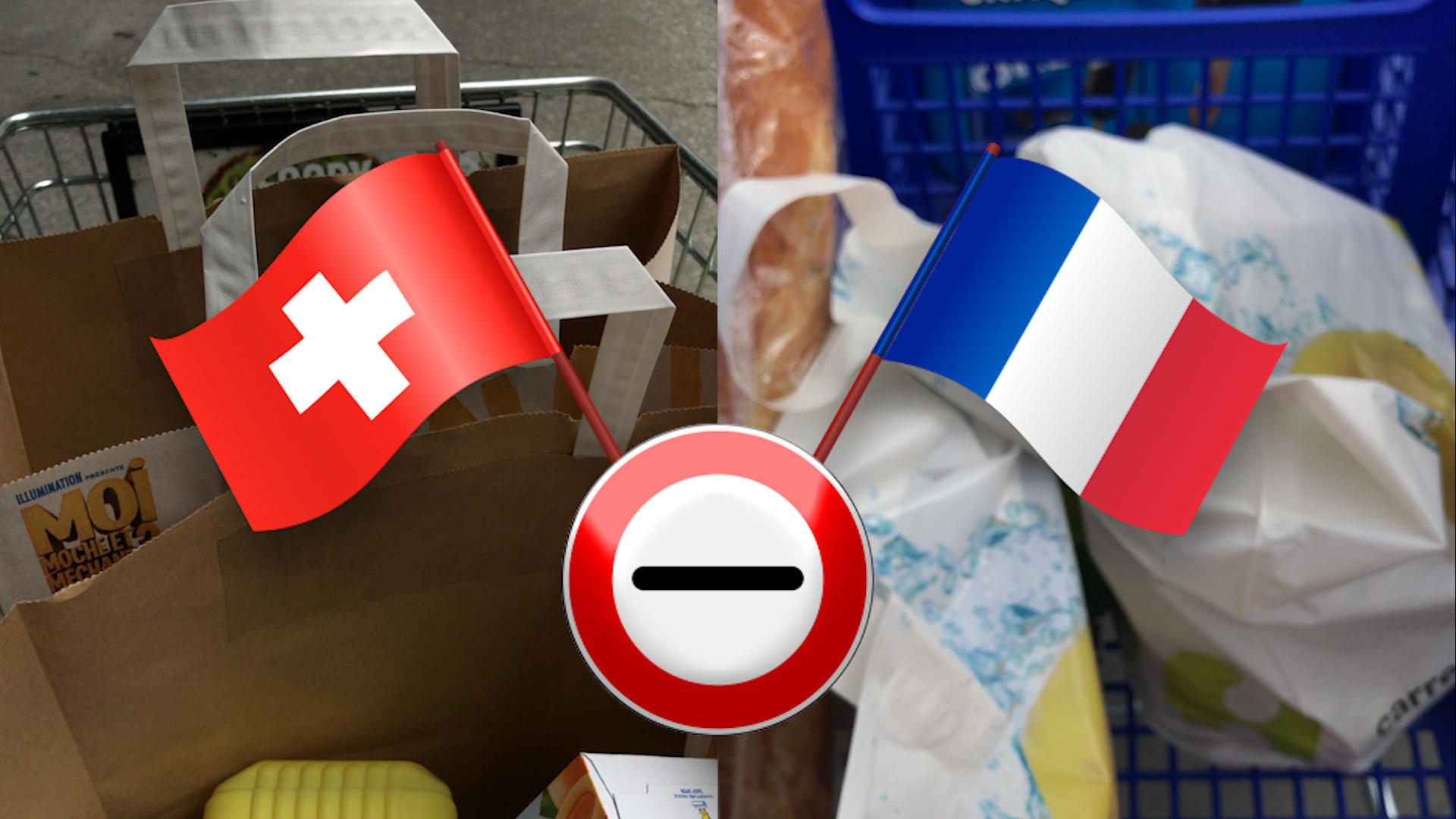 flag of Switzerland and France over an image of shopping cart from the two countries